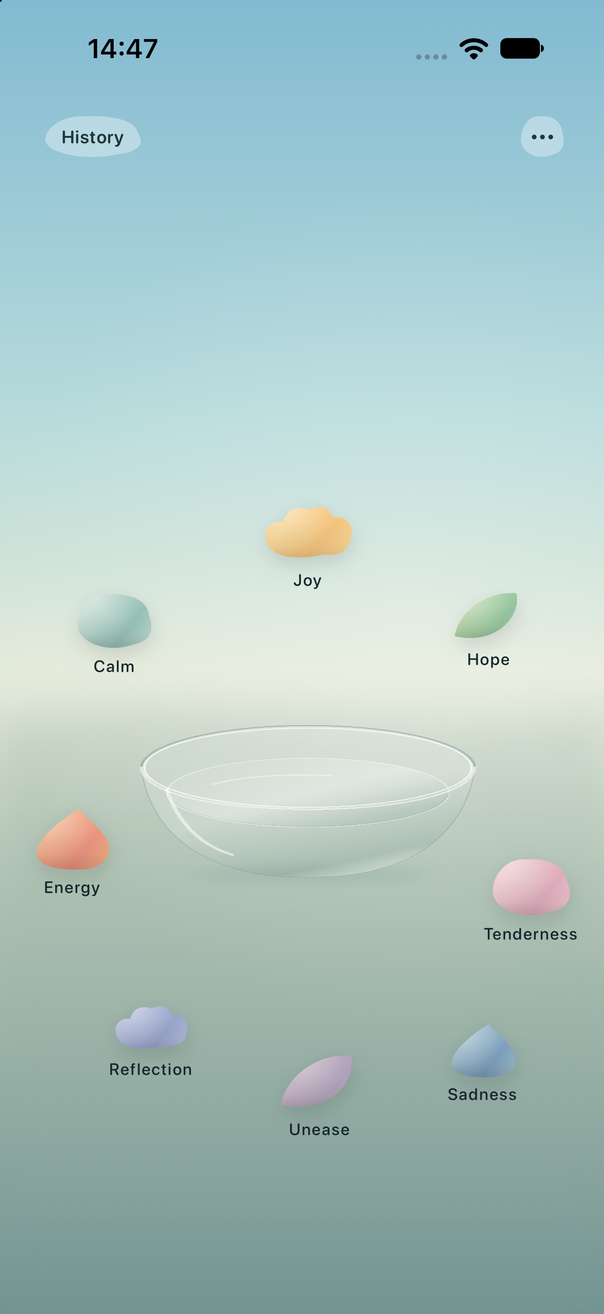 Feelings In Time screen showing a bowl surrounded by feelings including joy, calm, hope, energy, tenderness, reflection, unease, and sadness